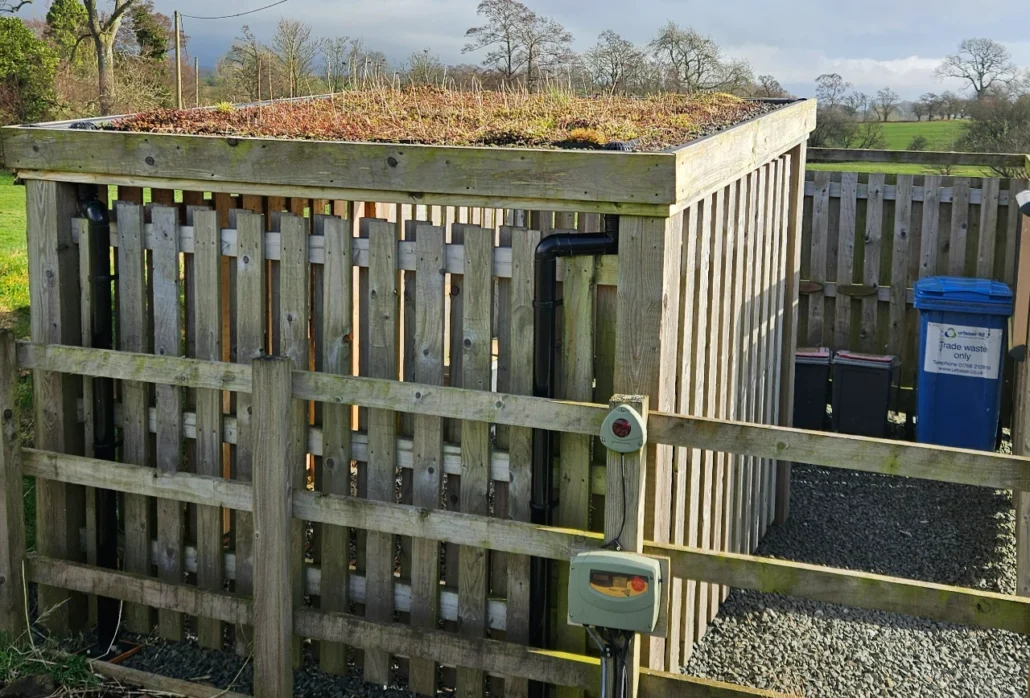 Bins and Recycling point under green roof